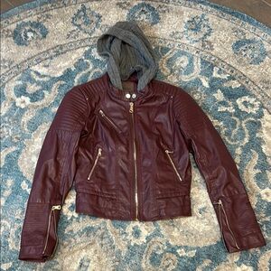 Women's Burgundy Faux Leather Jacket with Gray Hood